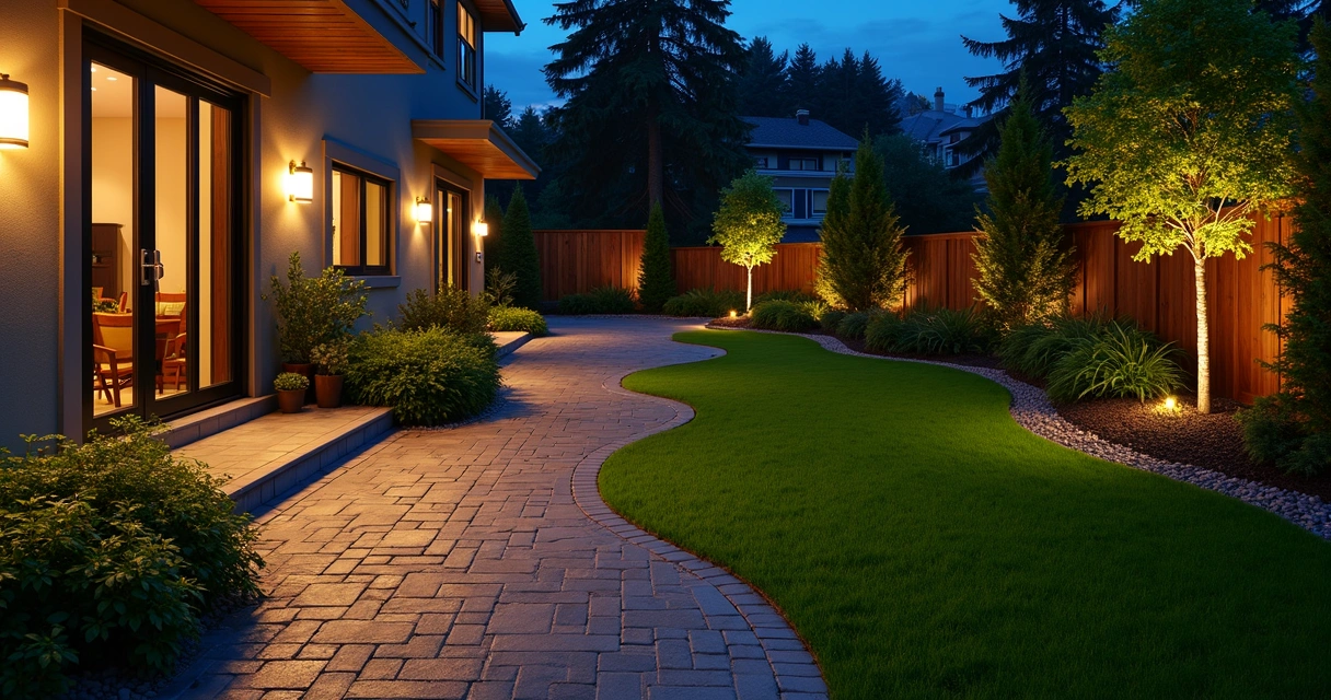 Night view of backyard with illuminated paver walkway and green artificial turf under warm outdoor lighting 