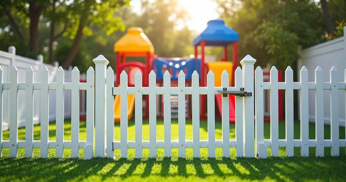Child safety fence enclosing backyard play area with artificial turf 