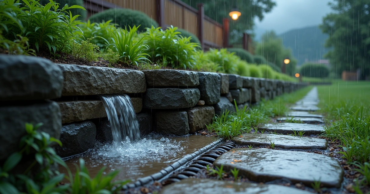 Backyard retaining wall with water draining during a rainstorm 