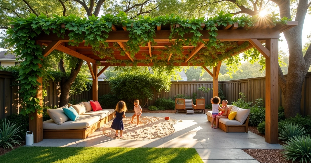 Backyard with pergola, shade trees, and play area