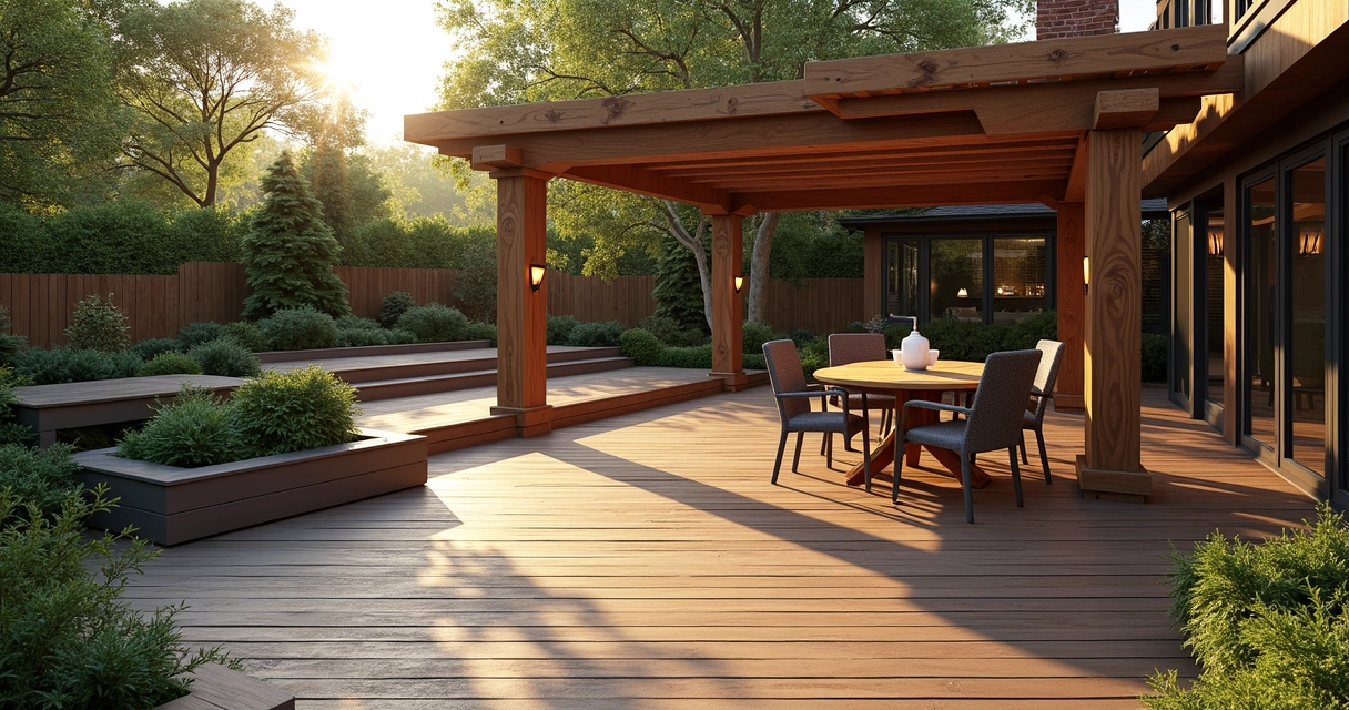 Deck and pergola with detailed shadows and garden lighting in 3D rendering