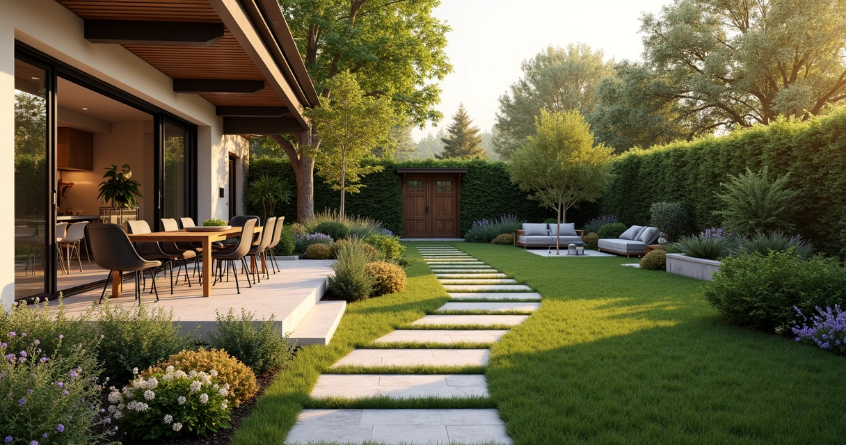 Rendering of a backyard with a winding pathway, separating dining and play areas
