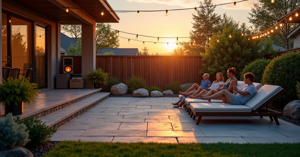 Backyard patio with subtle, modern outdoor speakers blended into the landscaping 