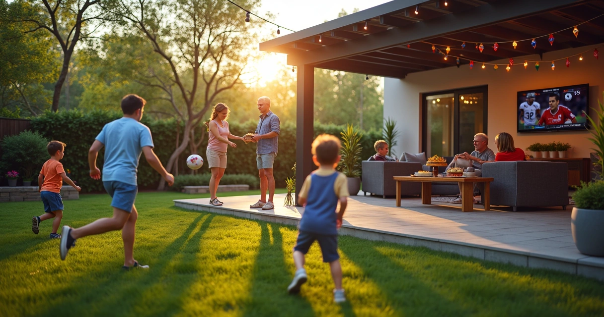 Family enjoying a backyard tailgate with children playing and adults grilling.