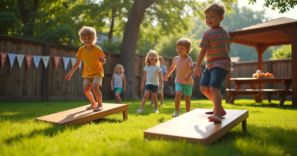 Children playing cornhole and ladder toss at a backyard party.