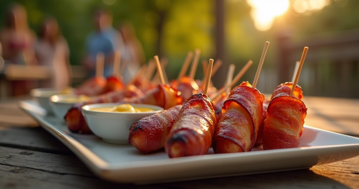 Bacon-wrapped sausage poppers on a serving tray outdoors 