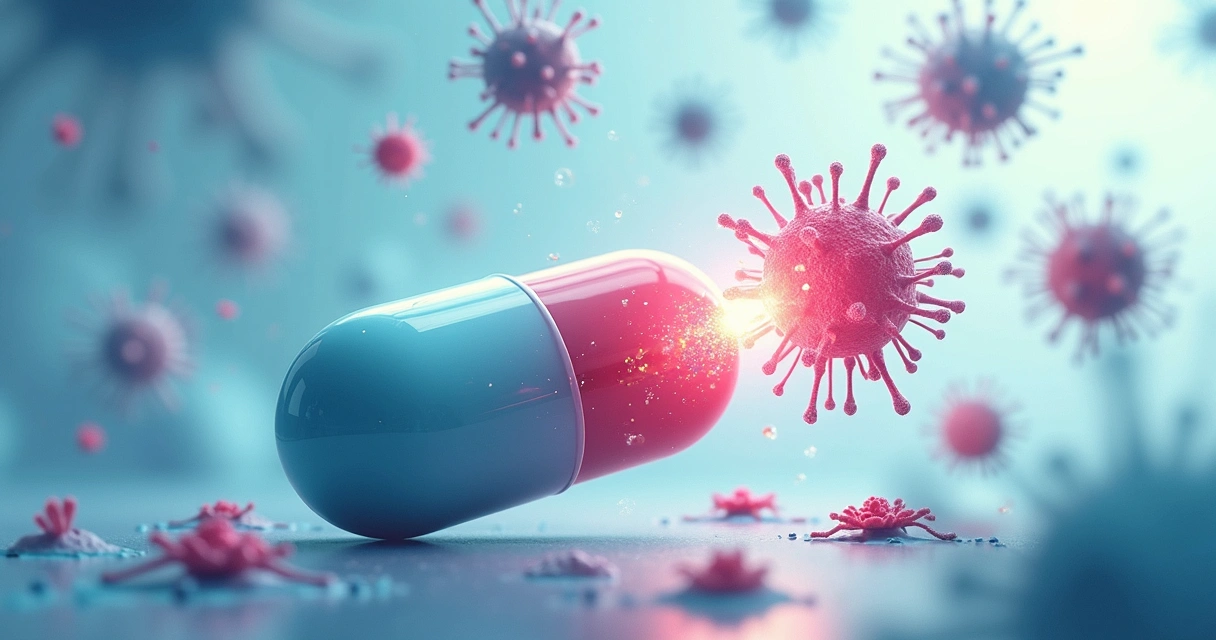 Comprimido de antibiótico em destaque com bactérias ao redor 