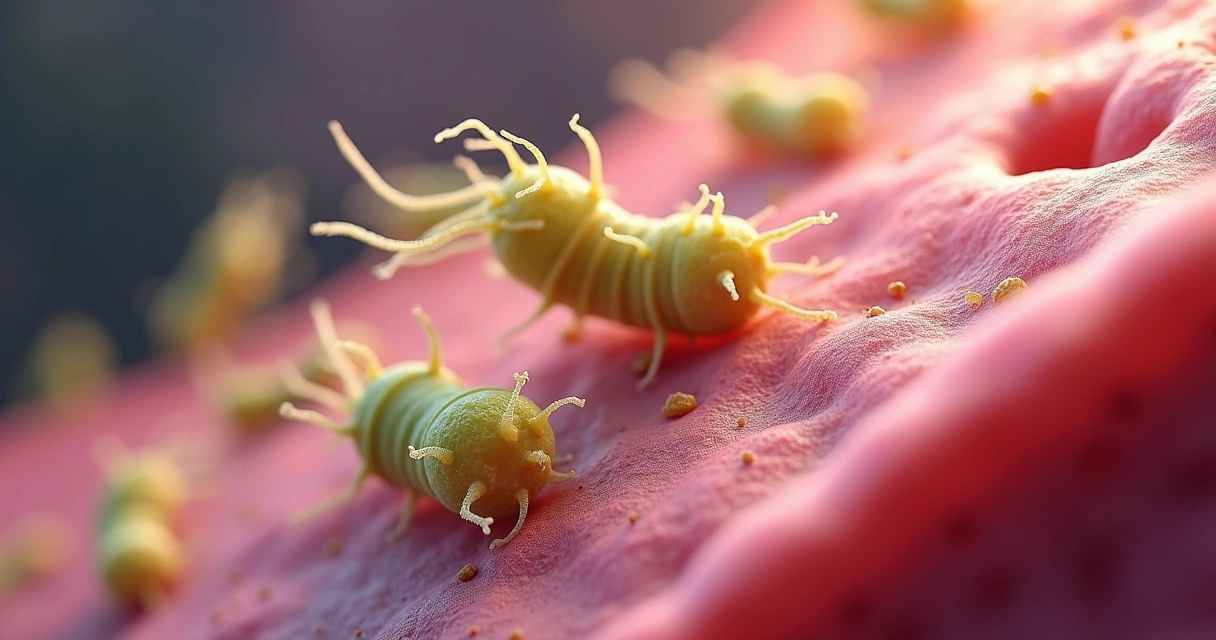 Ilustração bacteria H.pylori próxima da parede do estômago 
