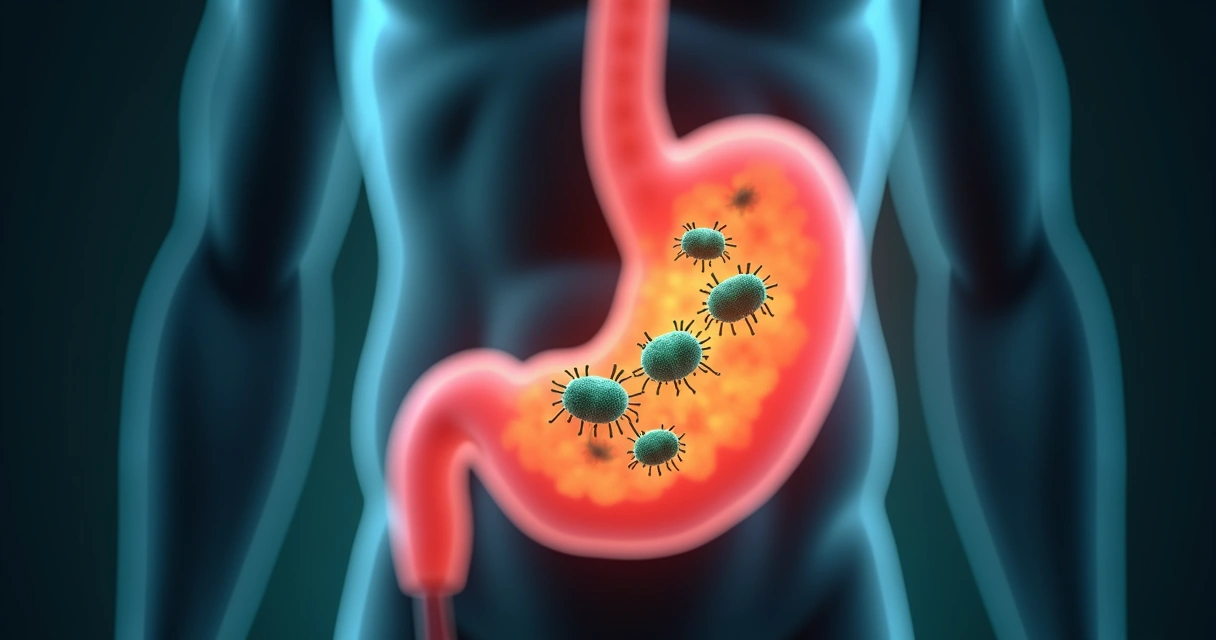 Visualização artística de bactéria H. pylori dentro do estômago humano 