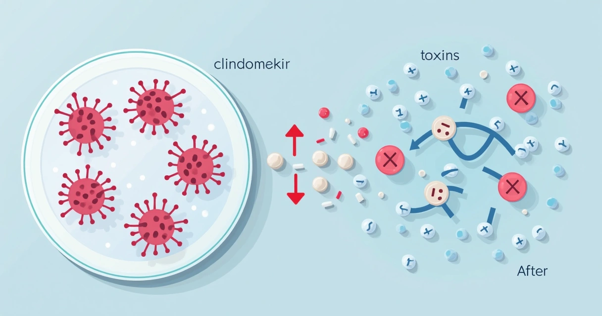 Clindamicina e seus efeitos antitoxinas nas síndromes de choque tóxico 3 Esquema mostrando como clindamicina bloqueia a produção de toxinas bacterianas em laboratório