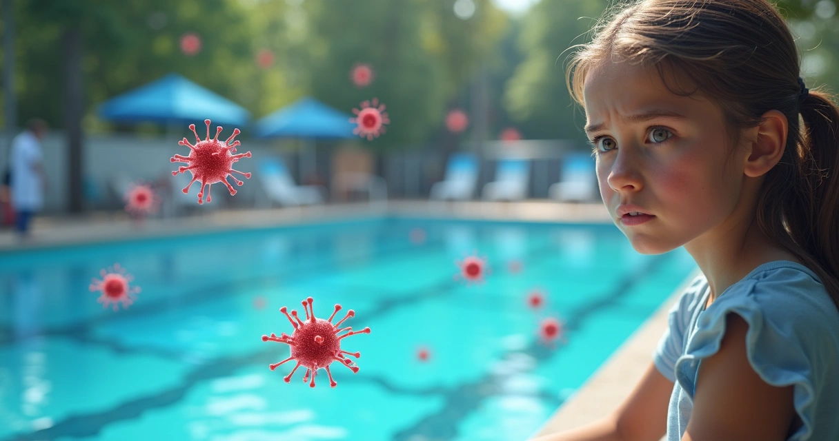 Ilustração de bactérias resistentes em uma piscina, com uma adolescente olhando preocupada 