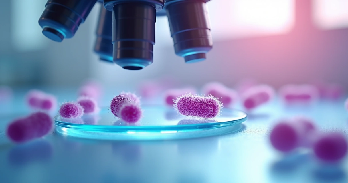 Transição para terapia oral em infecções por gram-positivos 2 Bactérias gram-positivas vistas ao microscópio com cor violeta e fundo desfocado