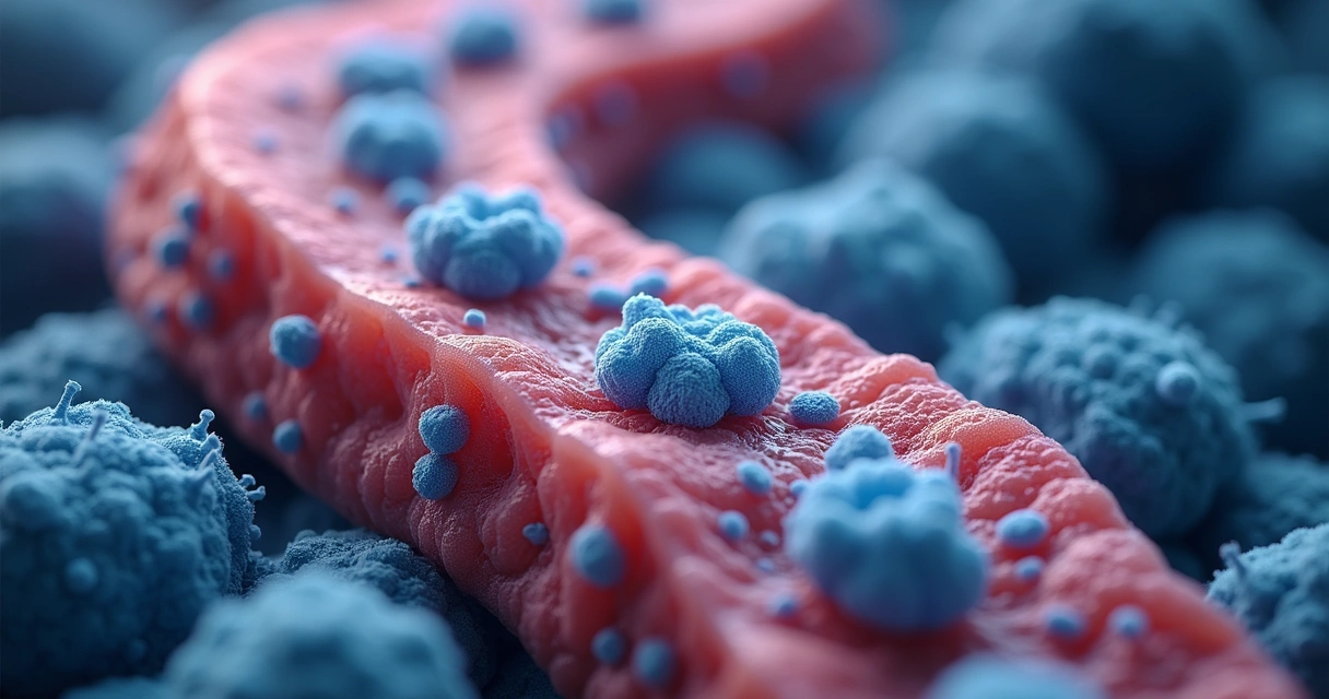 Representação artística de bactérias benéficas no trato intestinal humano, em tons azulados, vistas de perto 