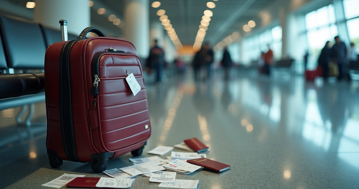 Bagagem, passaporte e recibos de despesas agrupados em banco de aeroporto. 
