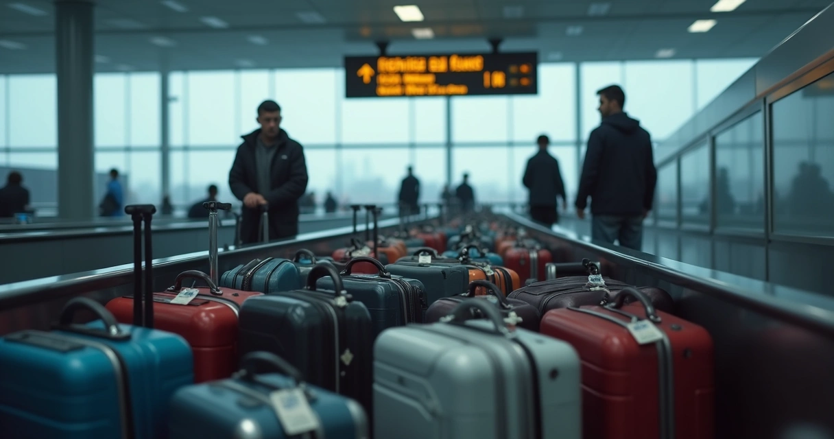 Bagagens amontoadas em esteira de aeroporto sem donos por perto 