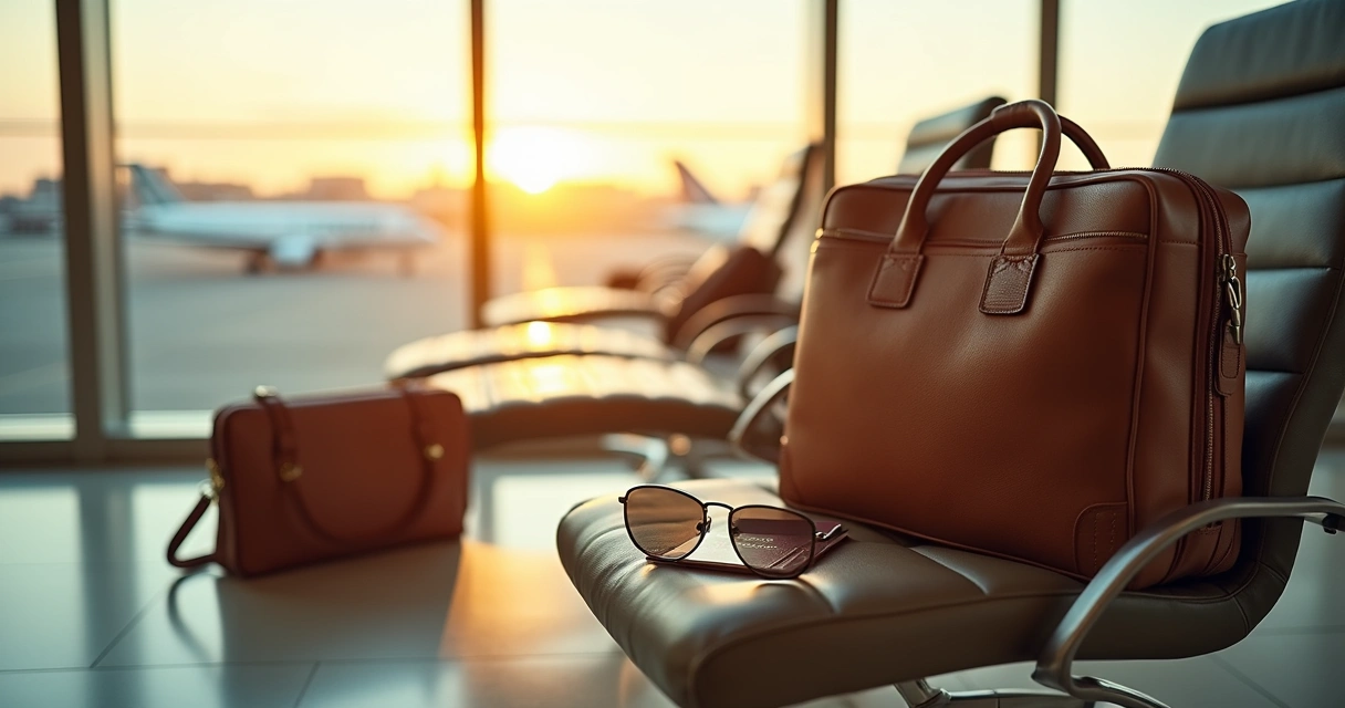 Mala de viagem rígida com bolsas de couro e acessórios em um lounge de aeroporto moderno 