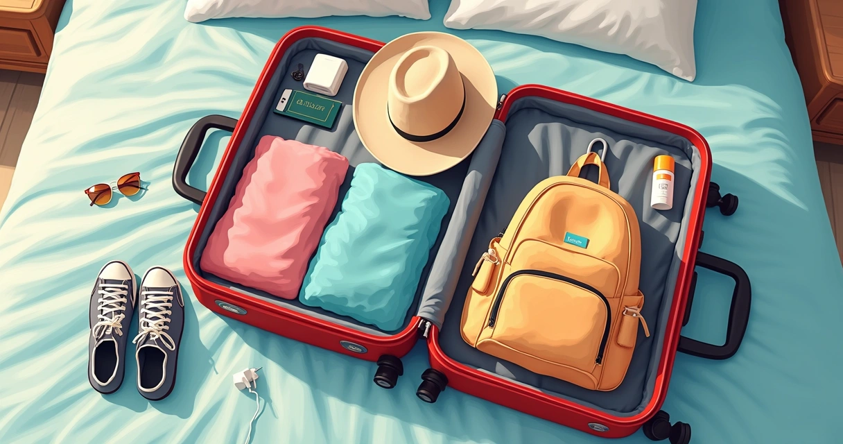 Mochila e mala aberta com itens essenciais para viagem a Miami 