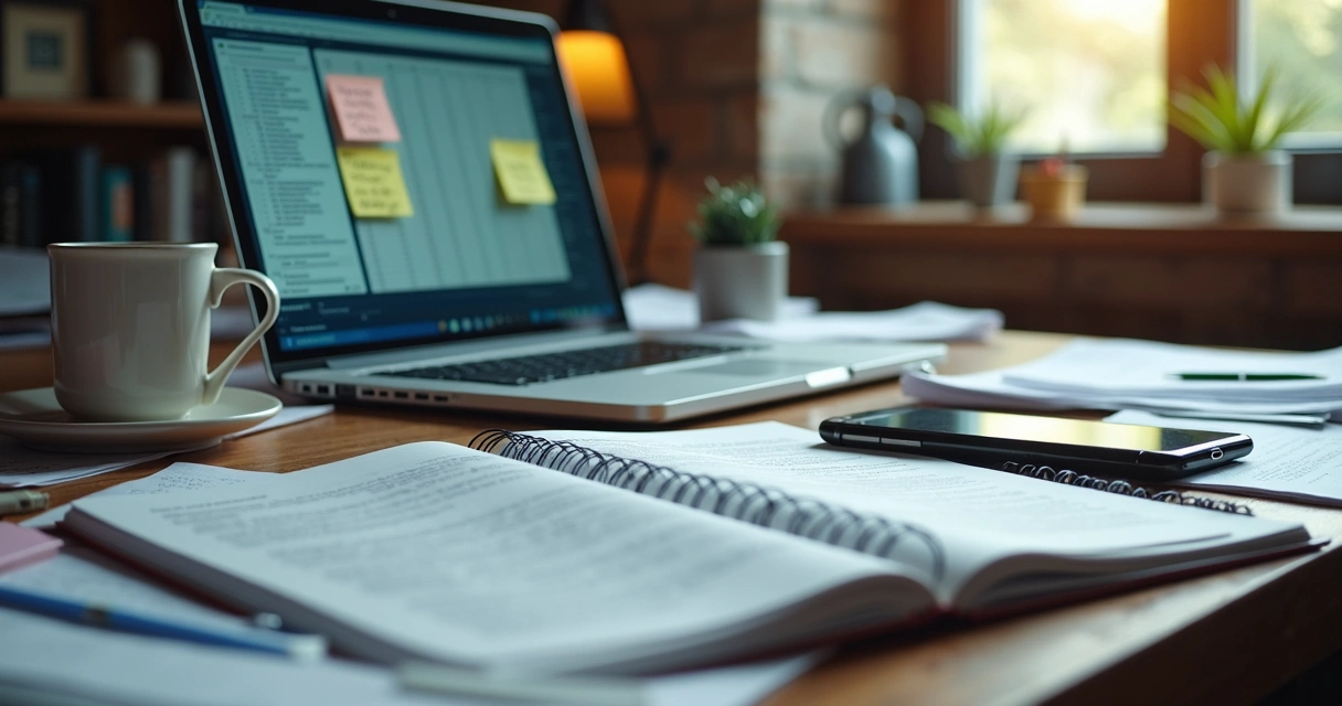 Mesa cheia de cadernos abertos, celular e notebook entre papéis desorganizados 