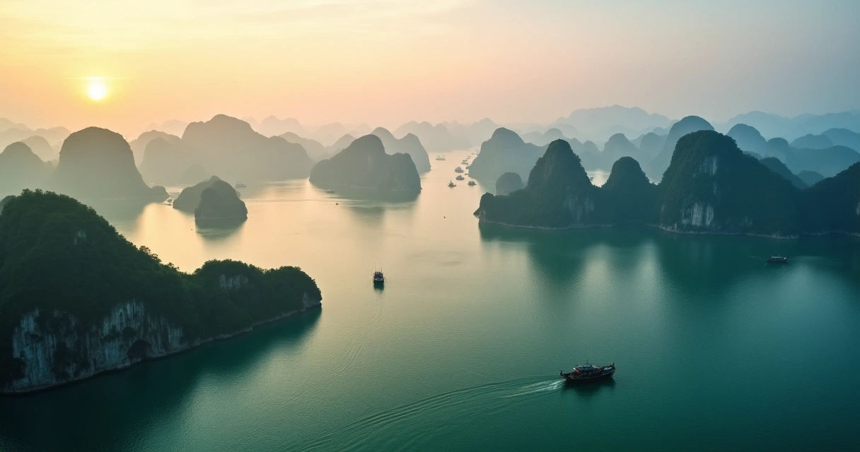 Barcos flutuando na baía de Ha Long rodeados por montanhas rochosas 