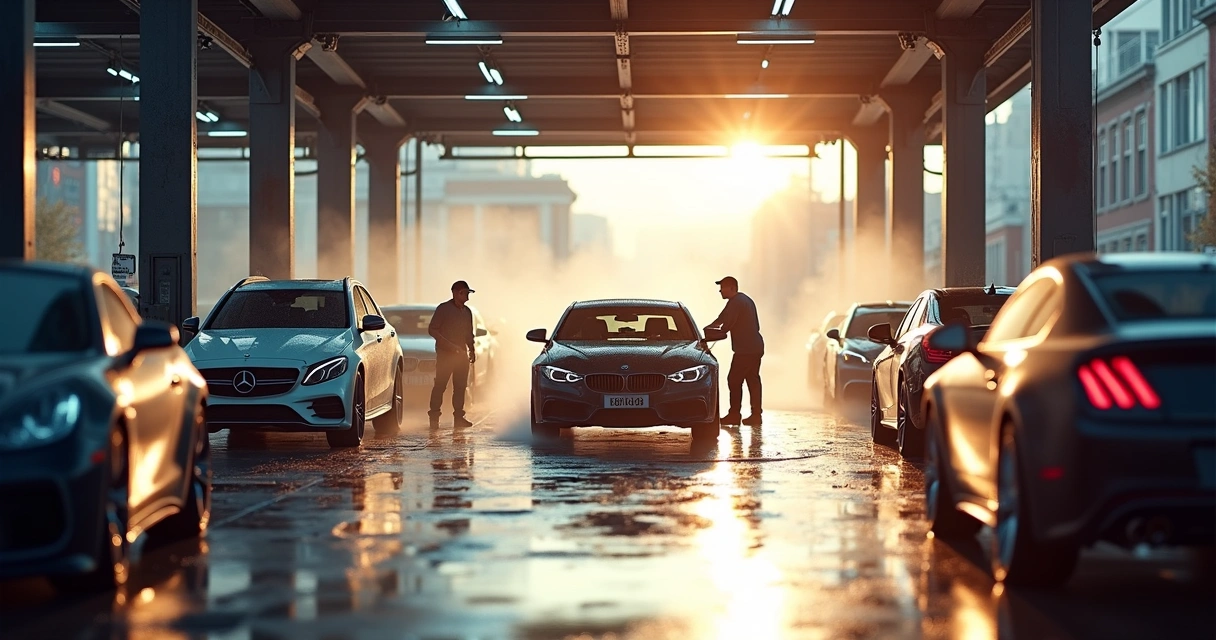 Várias baias de lavagem automotiva ocupadas em um dia claro 