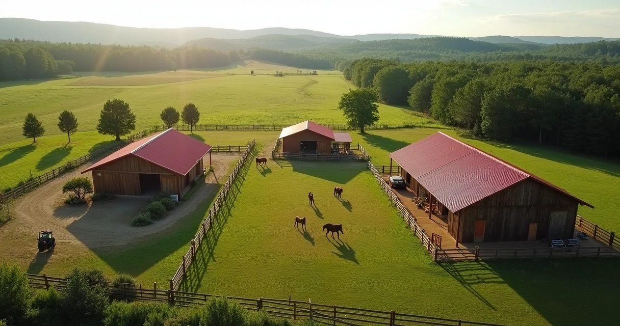 Baias organizadas de haras cercadas por cavalos e árvores 