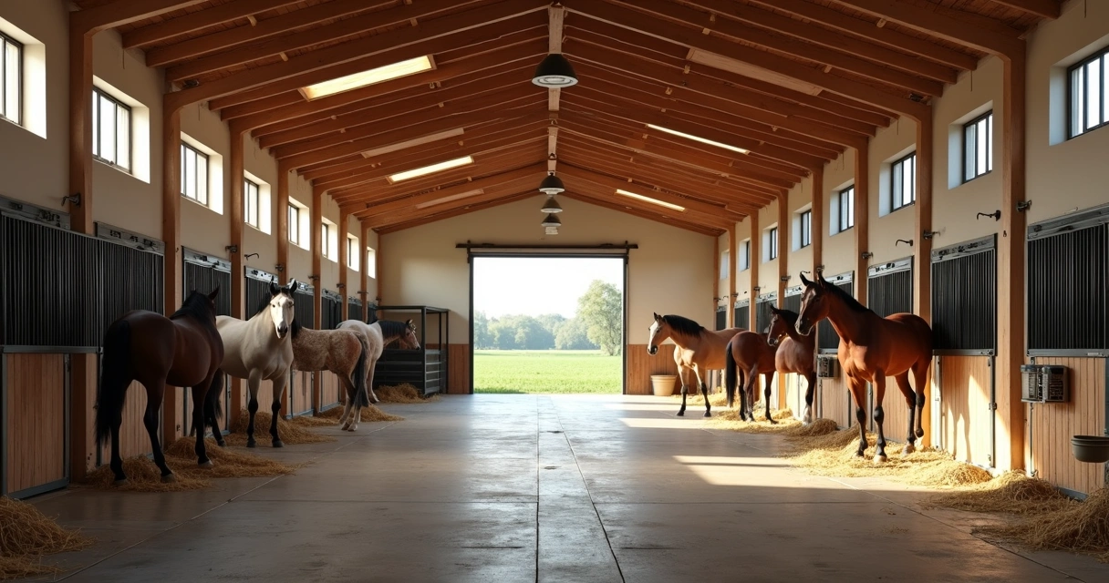 Visão interna de baias limpas e organizadas em um centro equestre 