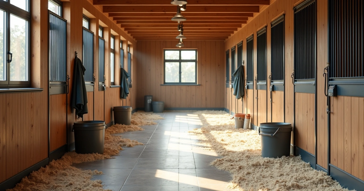 Baias de haras organizadas e limpas, com luz natural 
