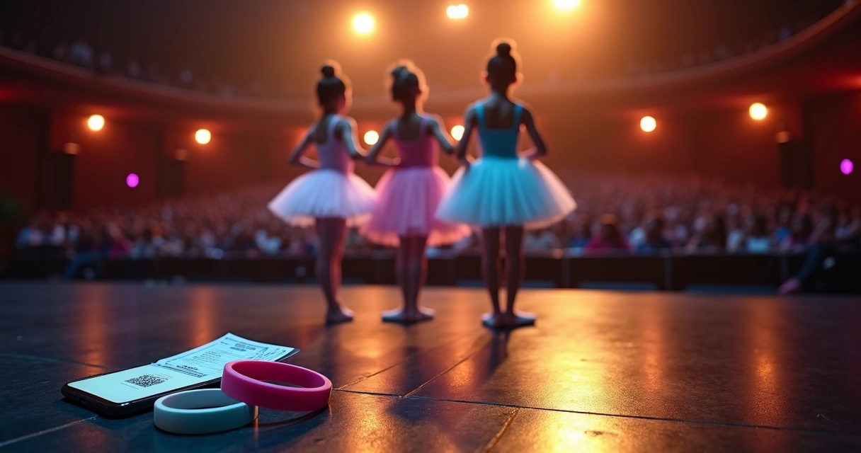 Bailarinas em palco visto de trás com plateia lotada e ingressos digitais em destaque 