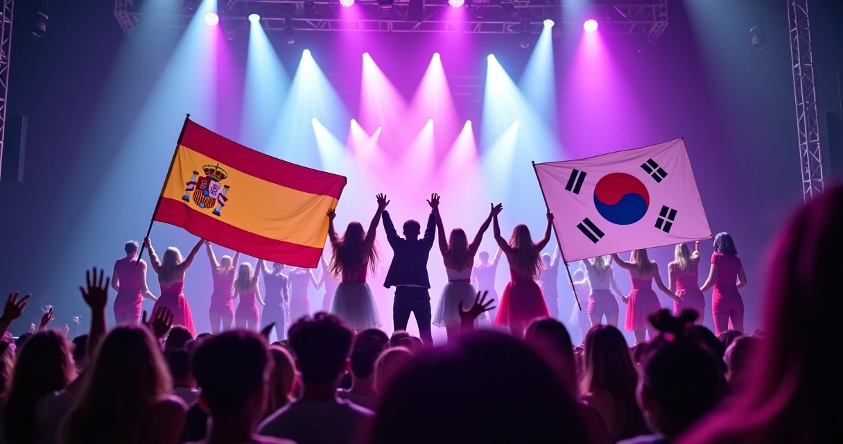 Bailarines de K-pop y latinos con banderas en escenario 
