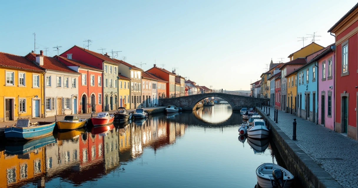 Vista dos canais do Bairro do Alboi com casas coloridas e ponte sobre a água. 