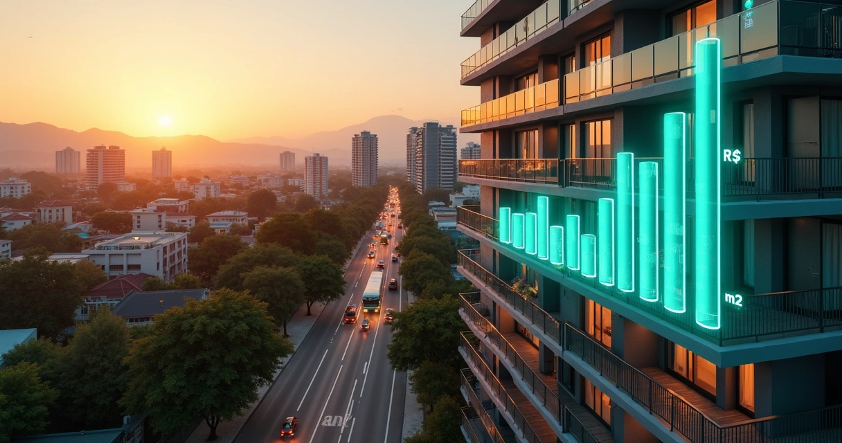 Vista aérea de bairro nobre de Belo Horizonte ao entardecer com gráfico transparente de metro quadrado em alta sobre os prédios 