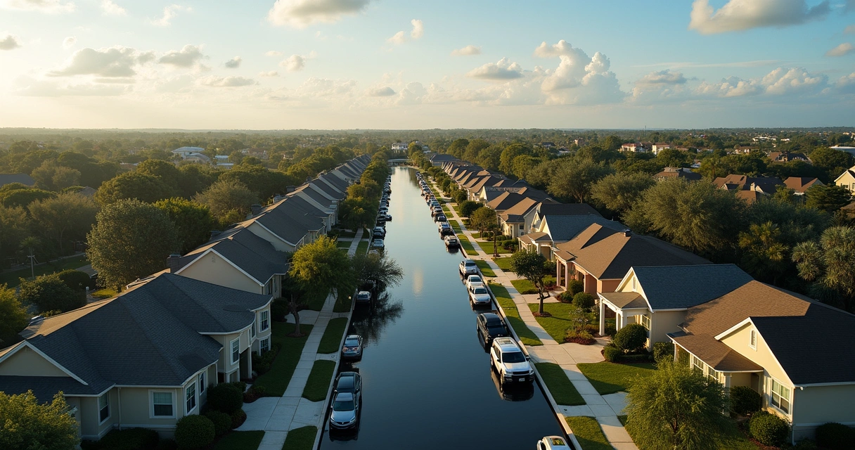 Vista aérea de um bairro residencial com casas com telhados claros e ruas arborizadas em Orlando. 
