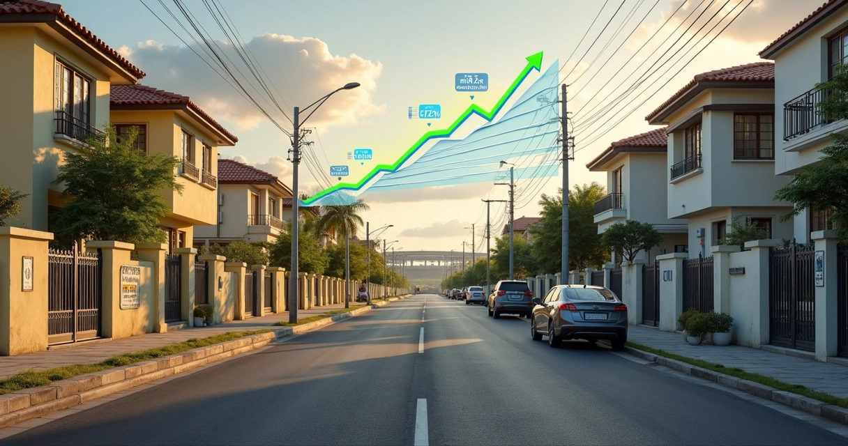 Vista de rua residencial de Camargos com gráficos de valorização sobrepostos 
