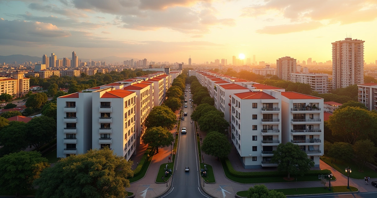 Vista panorâmica do bairro Cambuí em Campinas com prédios residenciais, áreas verdes e ruas movimentadas ao entardecer 