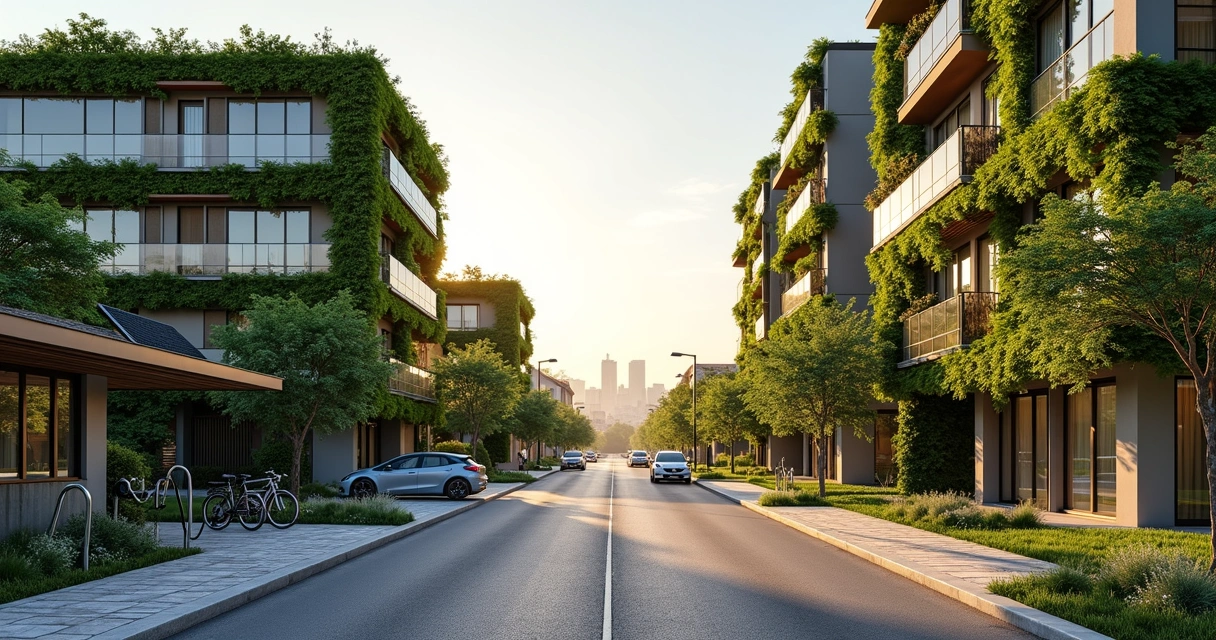 Rua de bairro em Campinas com prédios residenciais sustentáveis e fachadas verdes 