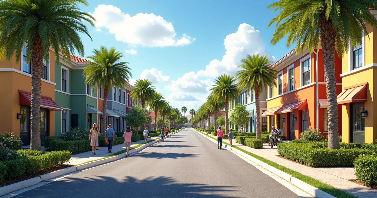 Rua arborizada de Celebration em Orlando com casas coloridas e arquitetura charmosa. 