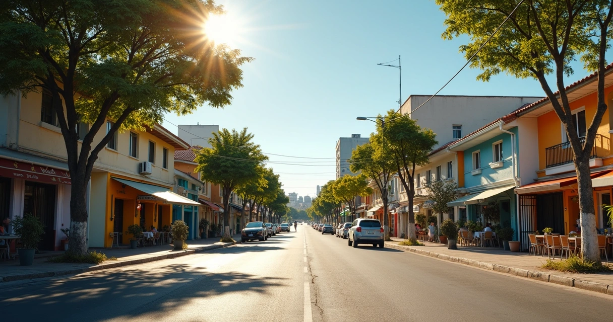 Vista de rua com edifícios baixos na Cidade Baixa, Porto Alegre, com pessoas caminhando e árvores alinhadas na calçada. 