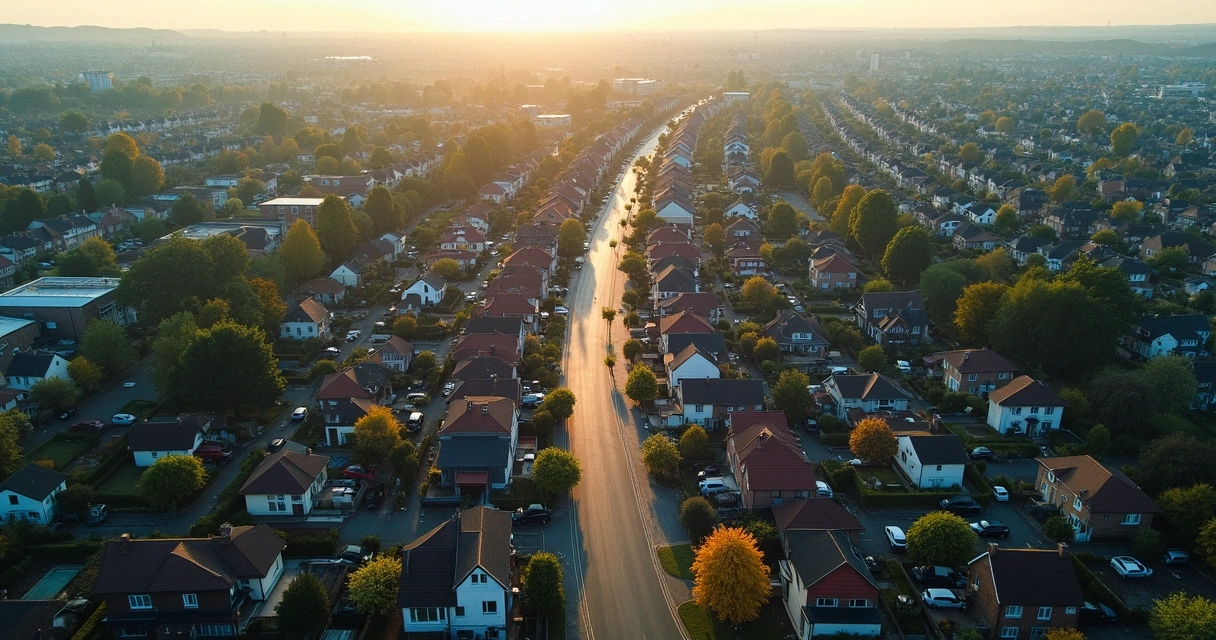 Vista aérea de um bairro com casas e ruas bem definidas. 