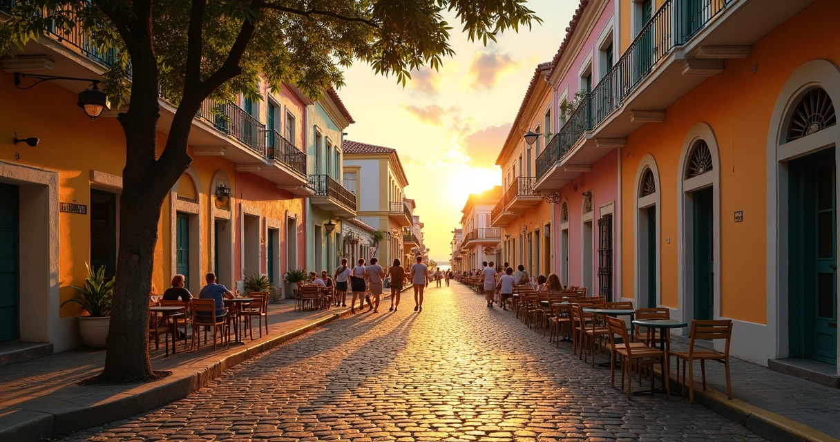 Centro histórico de San Juan com casas coloridas e ruas de paralelepípedo 