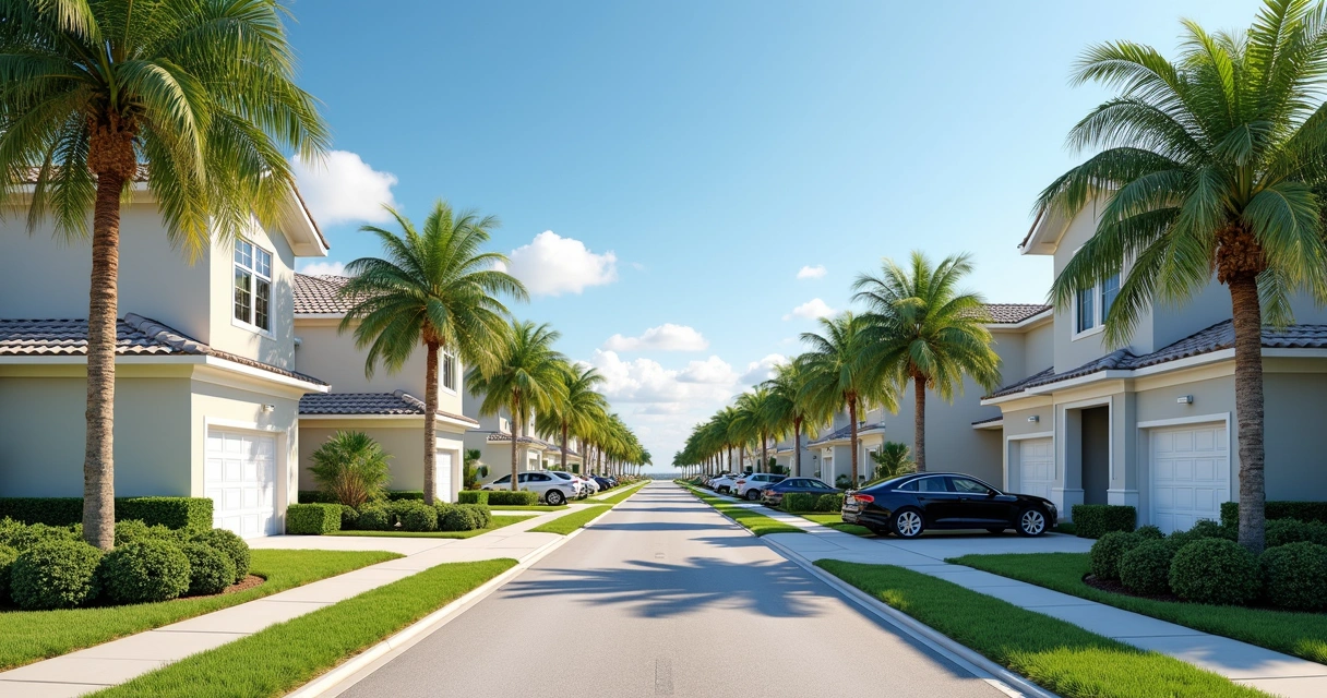 Rua tranquila com casas modernas e carros na entrada em Orlando 