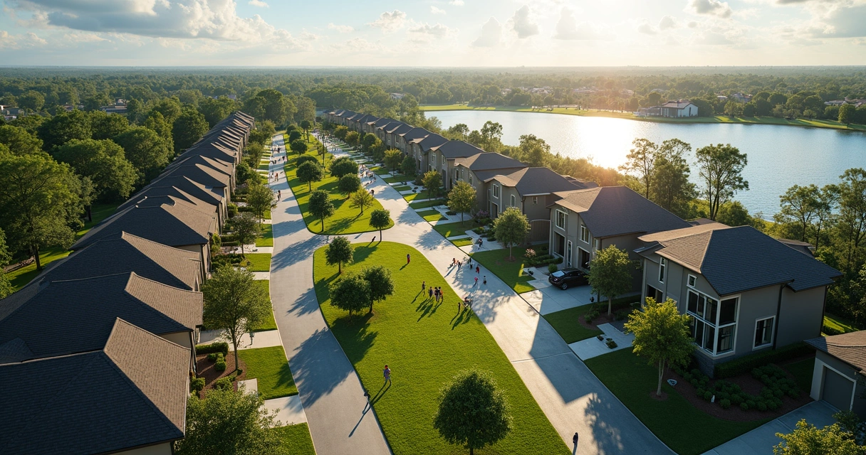 Vista aérea de bairro residencial com casas e ruas arborizadas em Orlando 