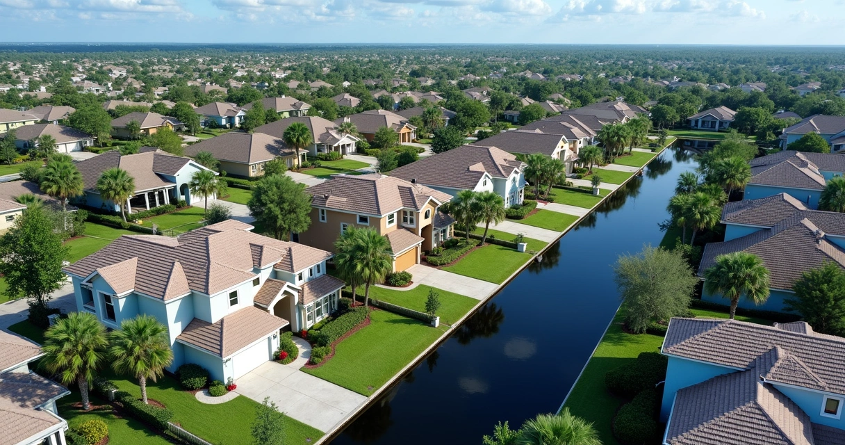 Vista aérea de bairro residencial com casas modernas e árvores em Orlando 