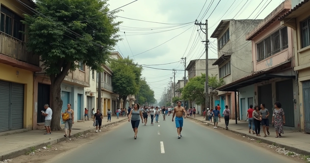 Rua urbana com contraste entre moradias e circulação de pessoas