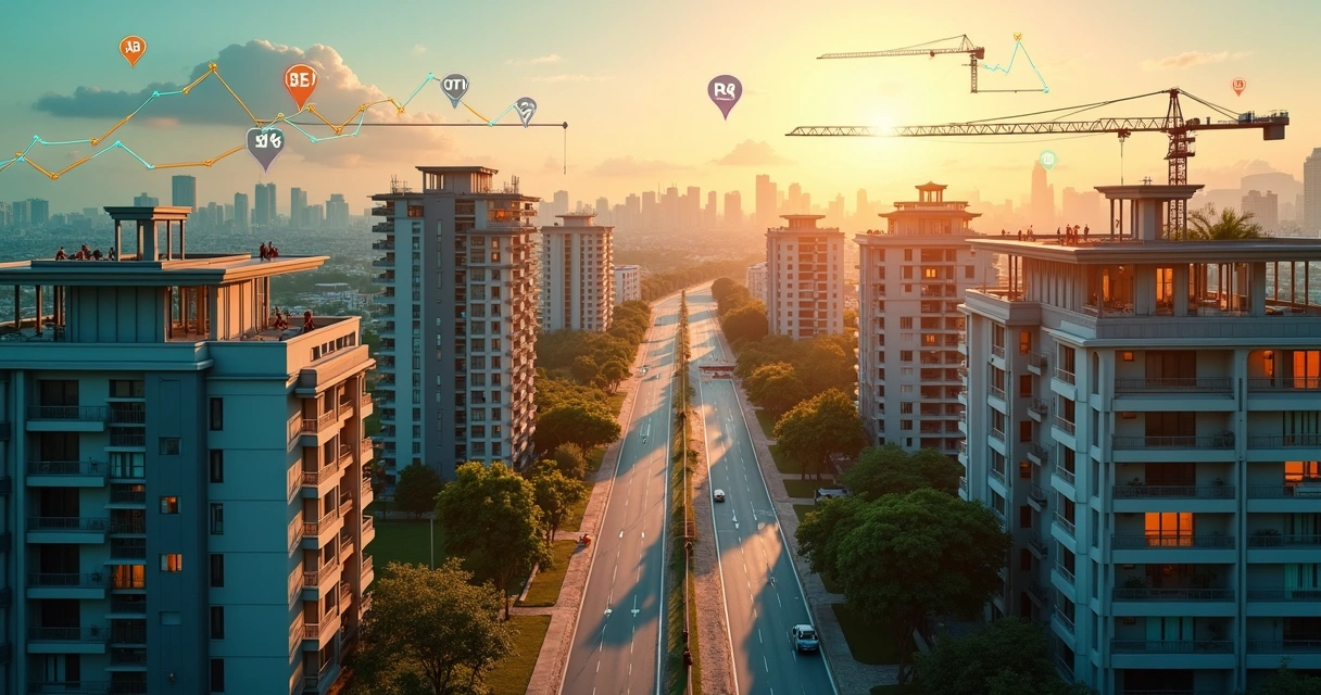 Visão aérea de bairro em construção com gráficos de crescimento sobre os prédios 