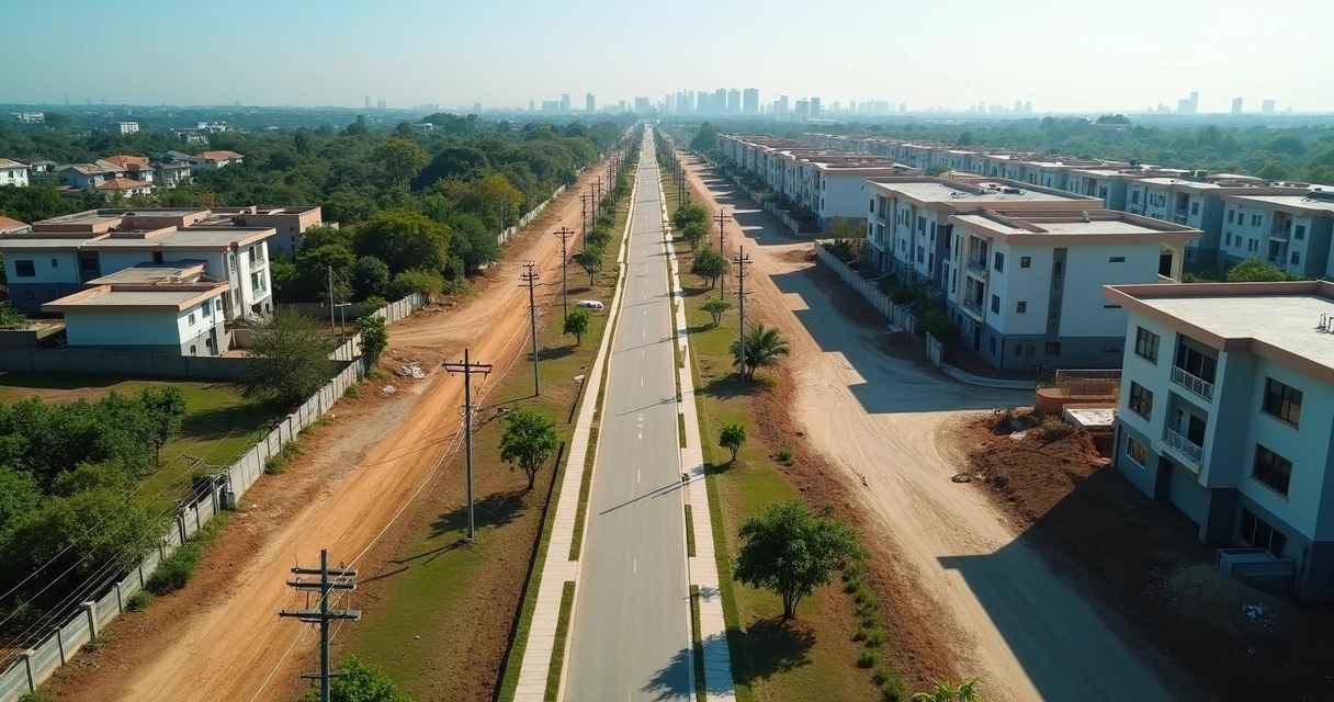Vista aérea de bairro em expansão com novas ruas e condomínios
