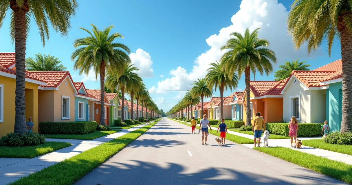 Rua residencial arborizada em Orlando com casas coloridas e famílias caminhando 