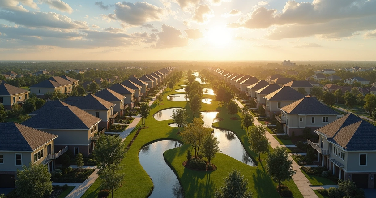Vista panorâmica do bairro Horizon West com casas modernas, áreas verdes e comércio local 