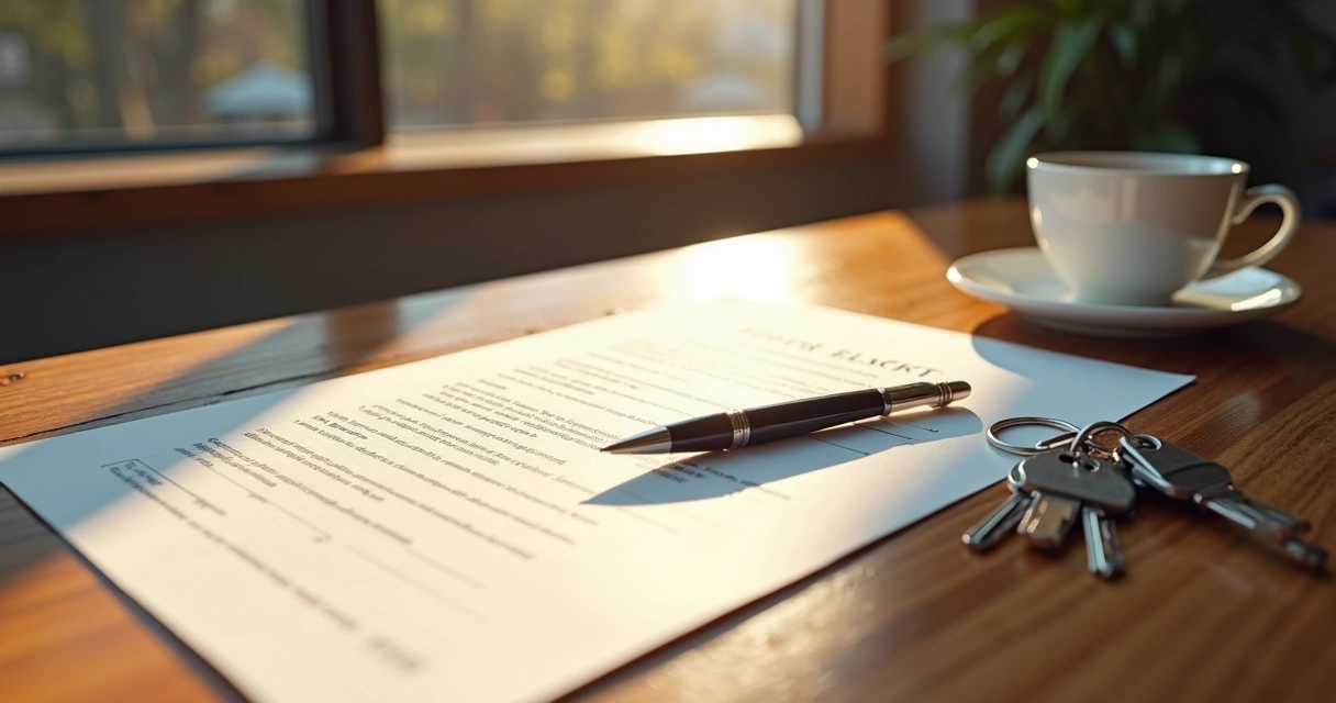 Mesa de reunião com contrato de compra de imóvel assinado, caneta e chave imóvel 