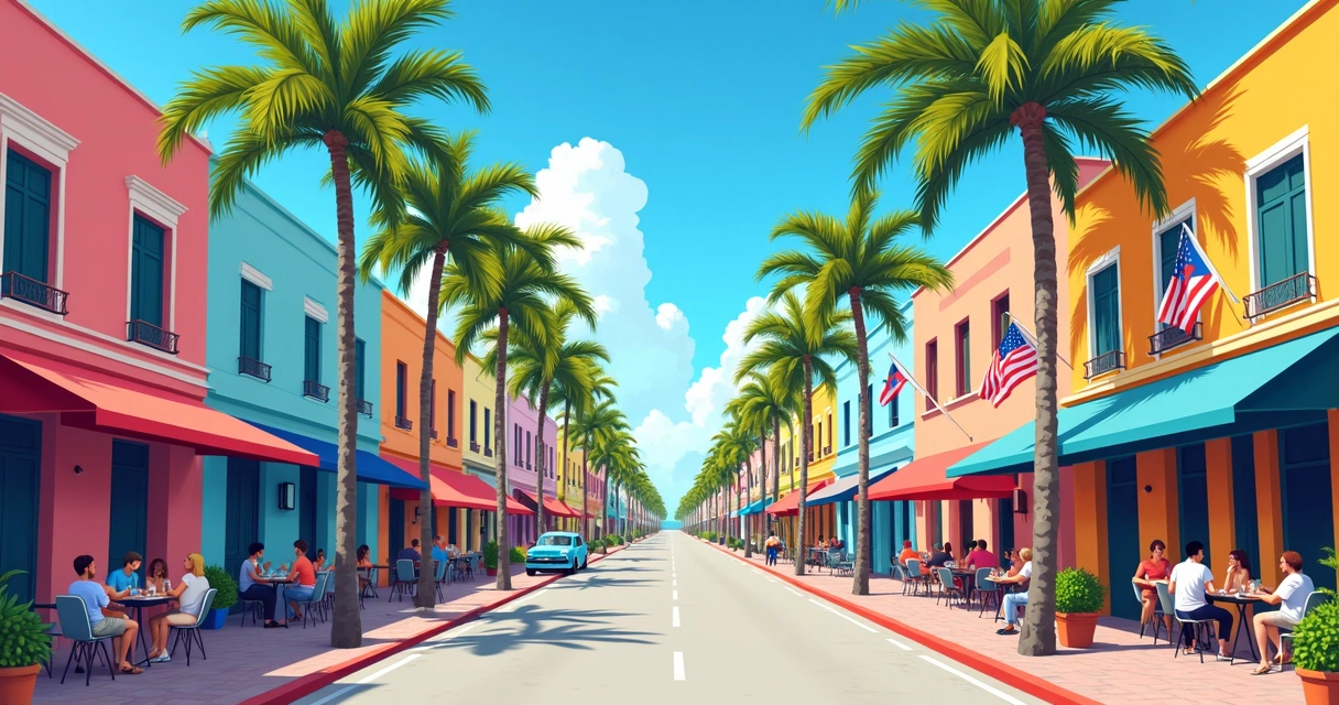 Rua colorida e movimentada do bairro Little Havana, com cafés e murais 