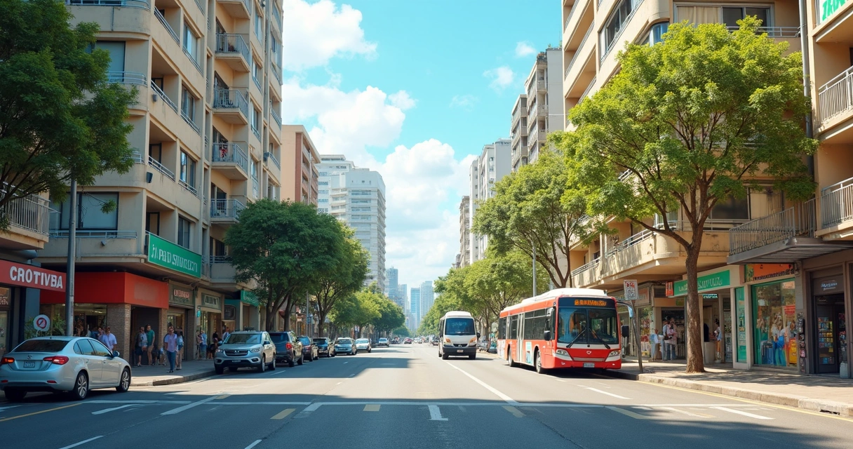 Bairro residencial em cidade metropolitana com comércio local 